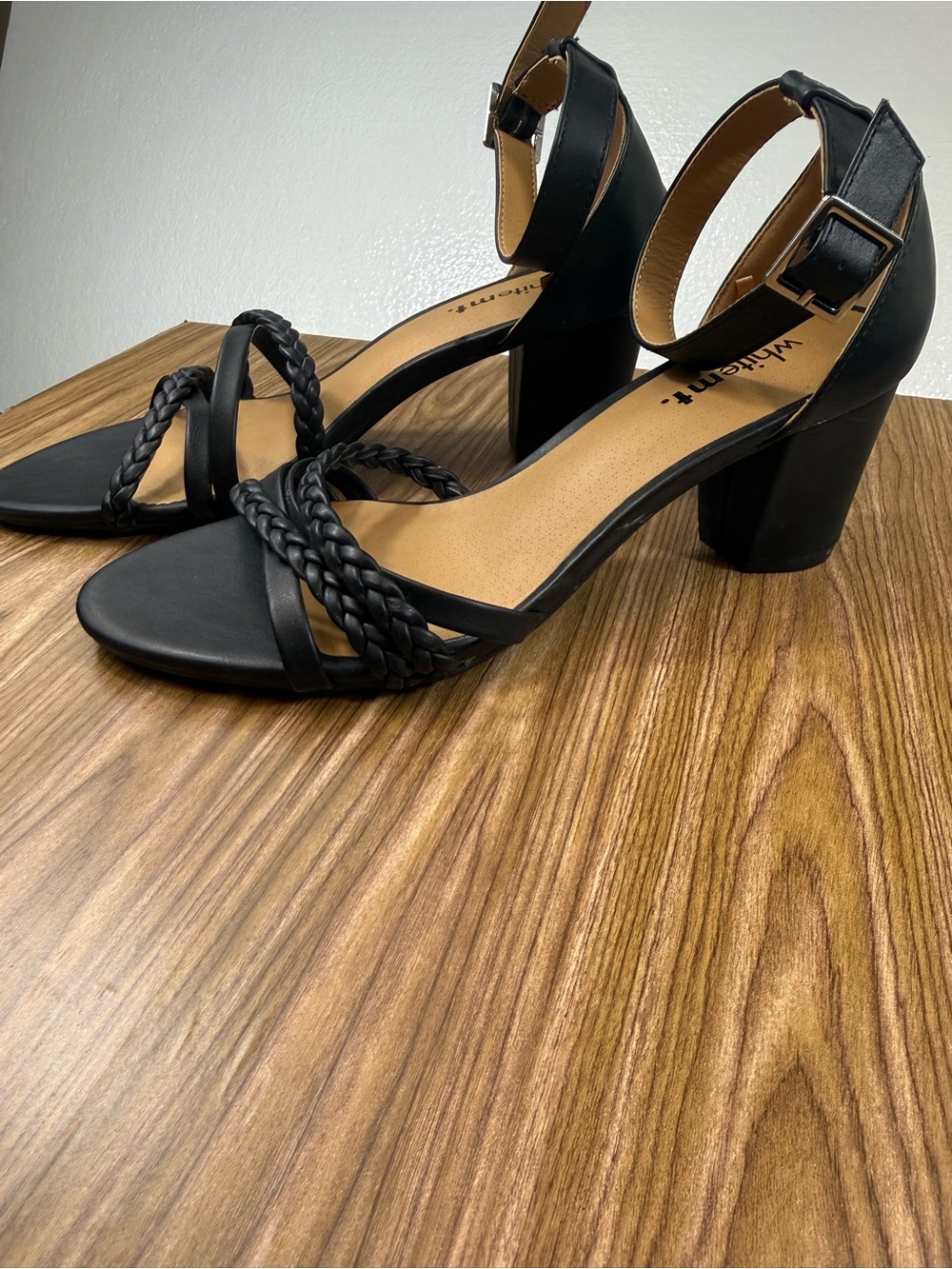 White mt. Black Black Braided-Strap Block Heel Sandals